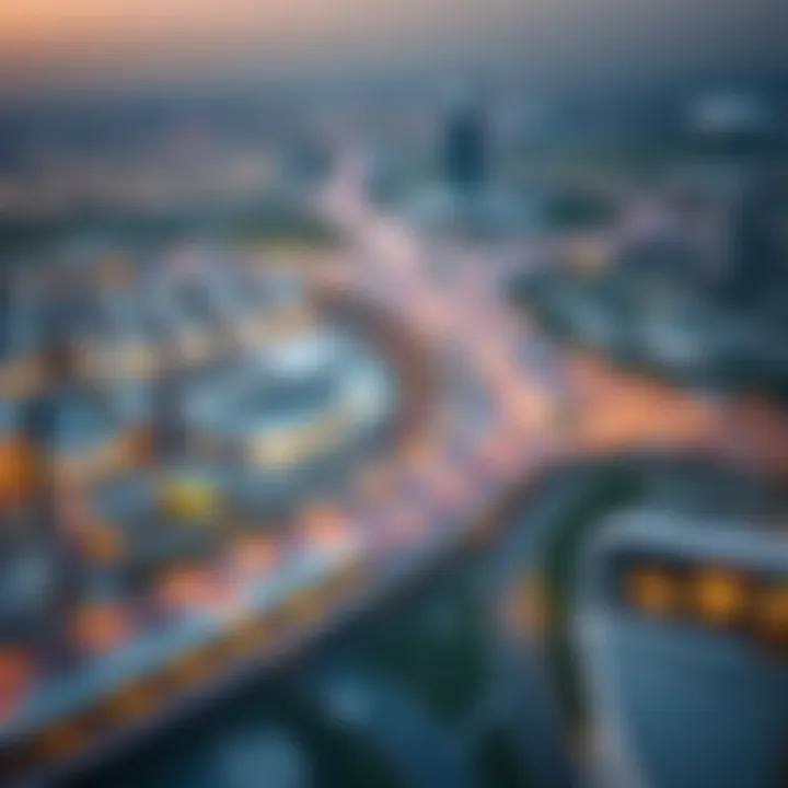 Aerial view of Jumeirah Village Circle and nearby metro stations