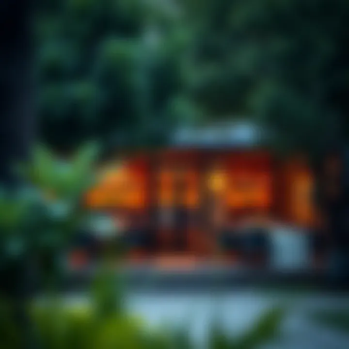 An elegant restaurant exterior surrounded by lush greenery