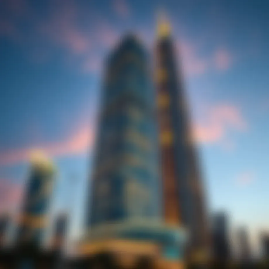 Dubai Financial Tower at sunset with glowing lights