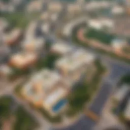 A stunning aerial view of ياس بيج showcasing its modern architecture and surrounding greenery.