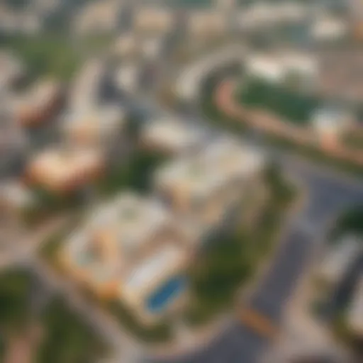 A stunning aerial view of ياس بيج showcasing its modern architecture and surrounding greenery.