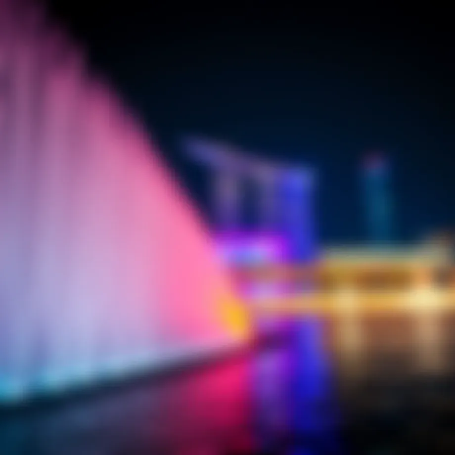 A stunning view of the Dubai Fountain at night illuminated by colorful lights